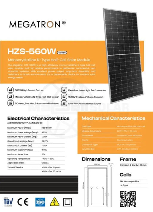 560w Tier 1 Mono Solar Panel HZS-560W Megatron (6X PACK)