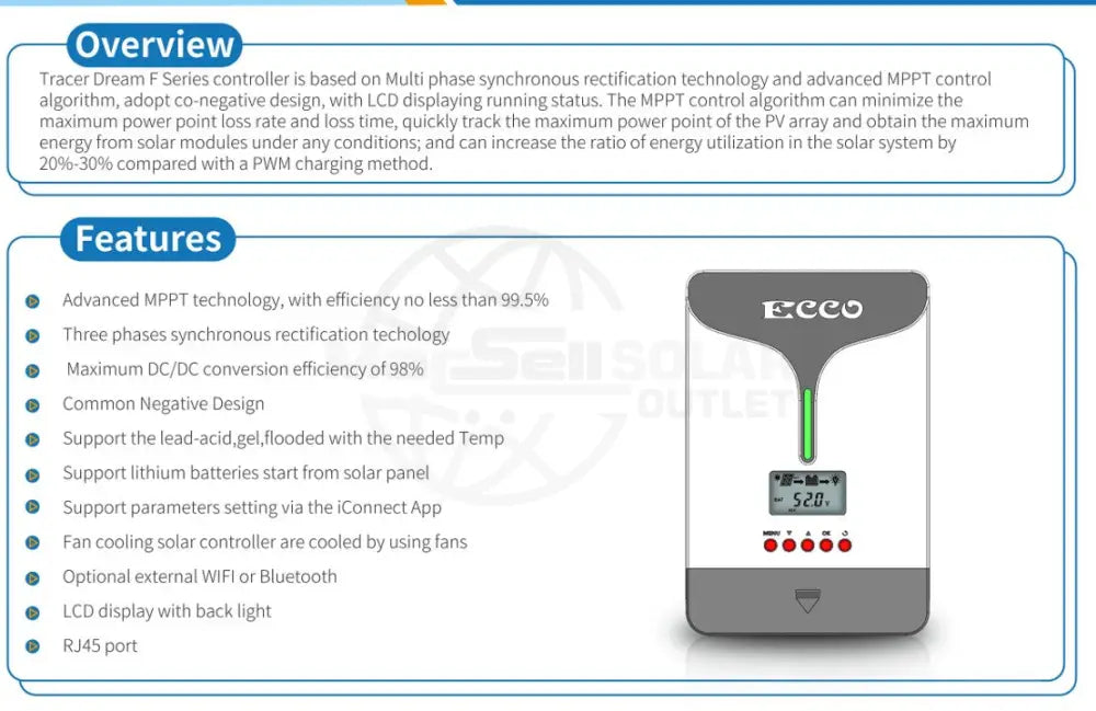 100A MPPT Solar Charge Controller 12/24/48V TD41020F Ecco