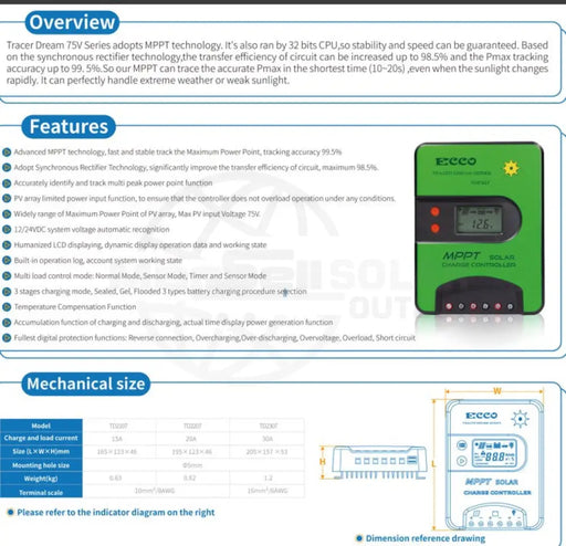 30A MPPT Solar Charge Controller 12/24V TD2310 Ecco Solar