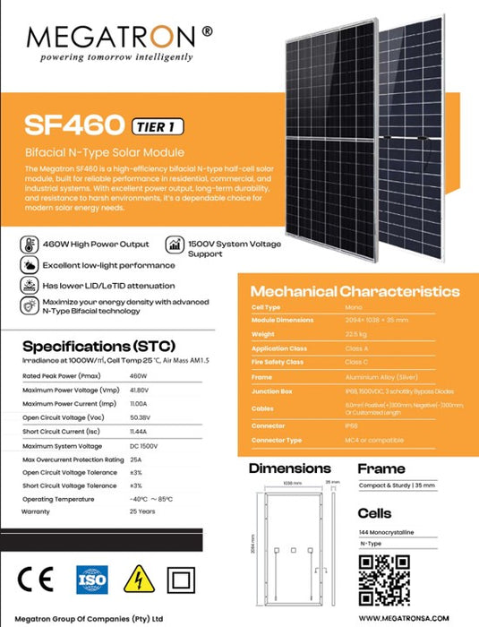 460w Mono Solar Panel Mono Megatron 6 Pack Bifacial