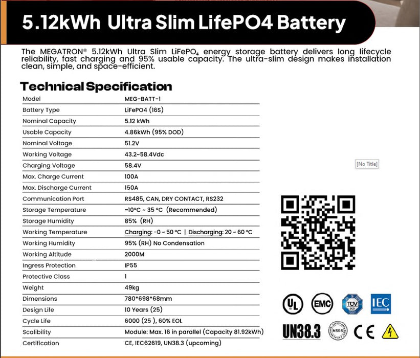 48V Lithium Battery 100AH 5.12Kwh Slim Lithium Battery Megatron