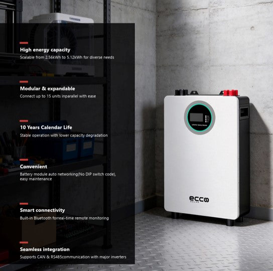 48V Lithium Battery Ecco 51.2v 100ah 5.12kWh Lithium Battery ME51100 SE Wall-Mounted / Stand