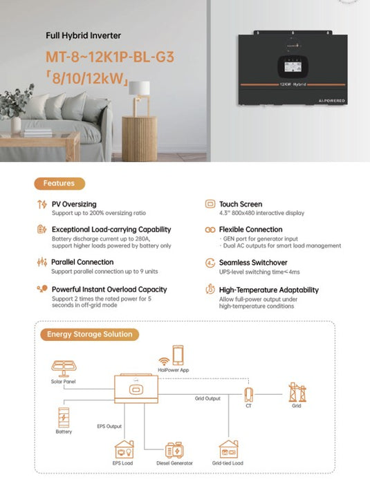 48v 12KW Hybrid Inverter Single Phase Megatron MT-12K1P-BL-G3