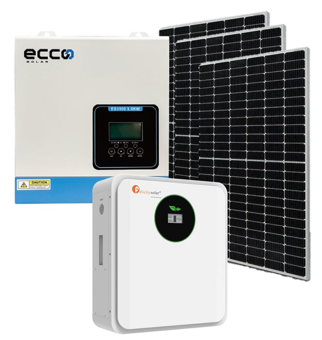 ECCO Solar 3500w Hybrid Inverter and 24V 100Ah 2.56kWh Lithium Battery Plus 3 X 460w Solar Panels