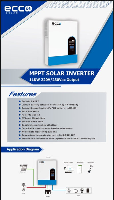 11 Kva 11000w Hybrid Inverter 48v MPPT 160A Inverter Pure Sine Wave - Ecco