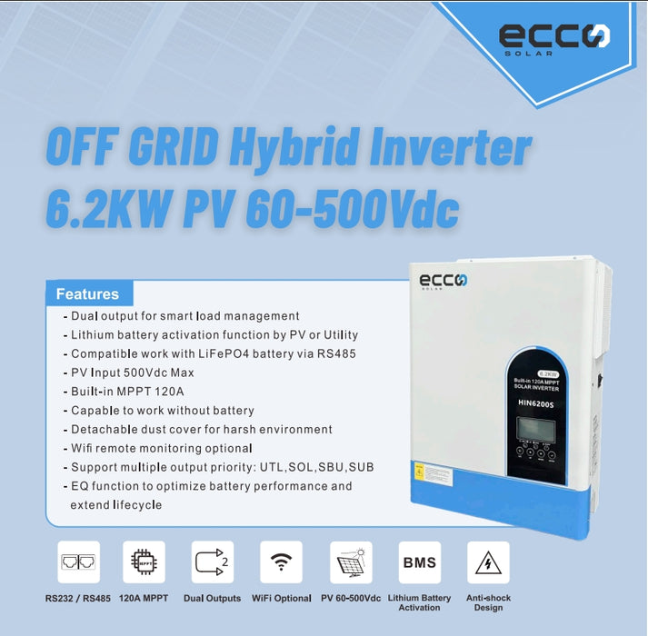 6.2 Kva 6200w Hybrid Inverter 48v Mppt 120A Inverter Pure Sine Wave - Ecco