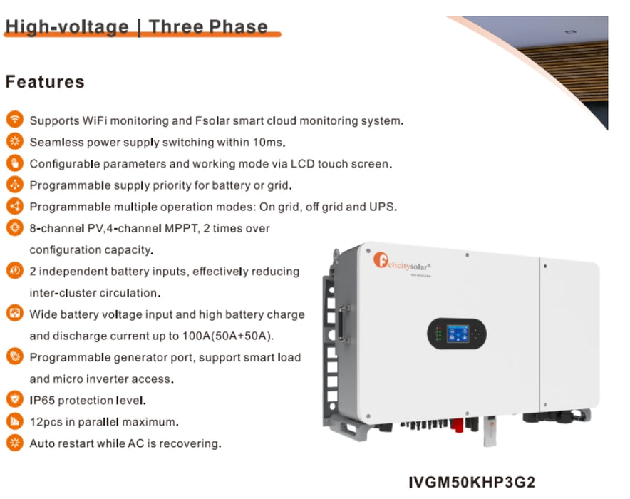 Felicity 50KW 3 Phase Hybrid Inverter High Voltage T-REX-50KHP3G01