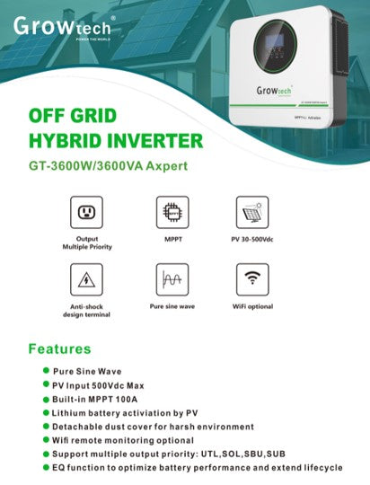 3600W Growtech Hybrid Inverter & 2.56 KwH Lithium Battery Plus 3X 460W Mono Solar Panels Combo Kit