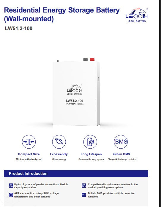 100ah 5.12kWh Lithium Battery LW51.2-100 Wall-Mounted Leoch 51.2V - MacSell Solar Outlet