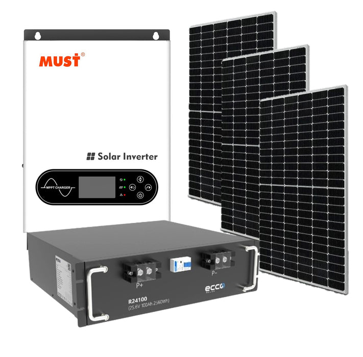 Must 3.6KVA 3600 Watt & 2.56 KWh Ecco Lithium Battery 3X 450w Solar Panels Combo