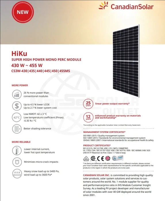 Canadian Solar Panel Mono PERC 460W CS3W-460MS 6 Pack