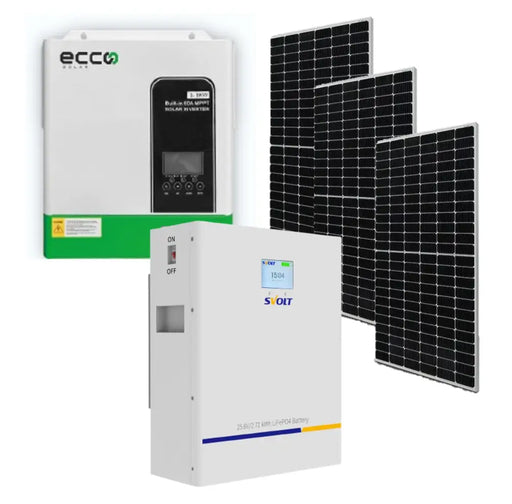 ECCO Solar 3500w Hybrid Inverter and Battery SVOLT 24V 106Ah 2.71 kWh Lithium Battery Plus 3 X 450w Canadian Solar Panels - MacSell Solar Outlet