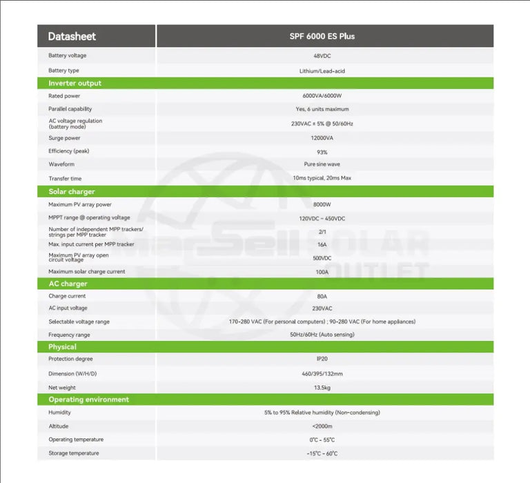 Growatt 6kW Off-Grid Solar Inverter 48VDC SPF6000ES Plus